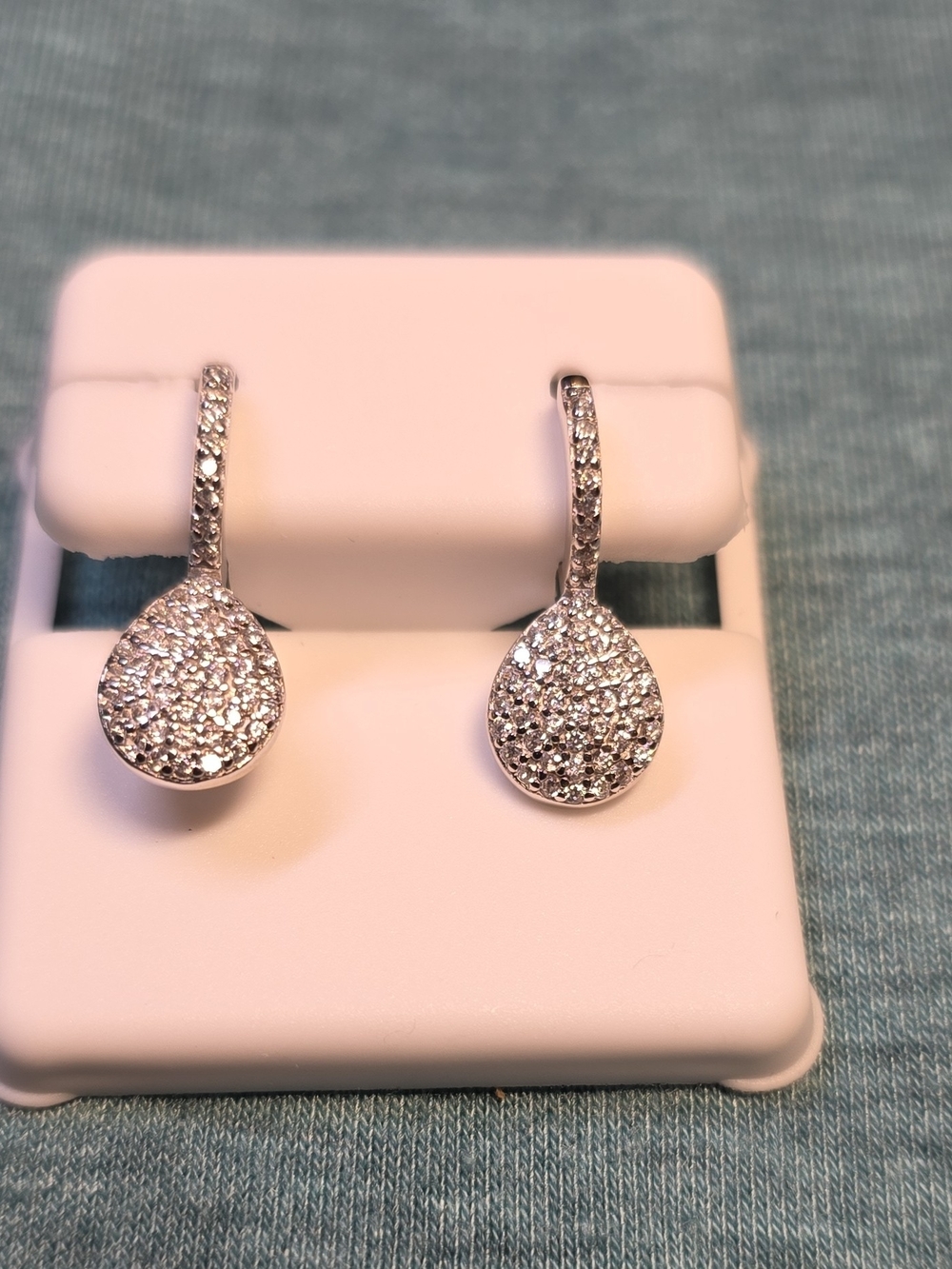Sterling Silver Pave Teardrop Dangle Earrings - Clear Spinel Gemstones